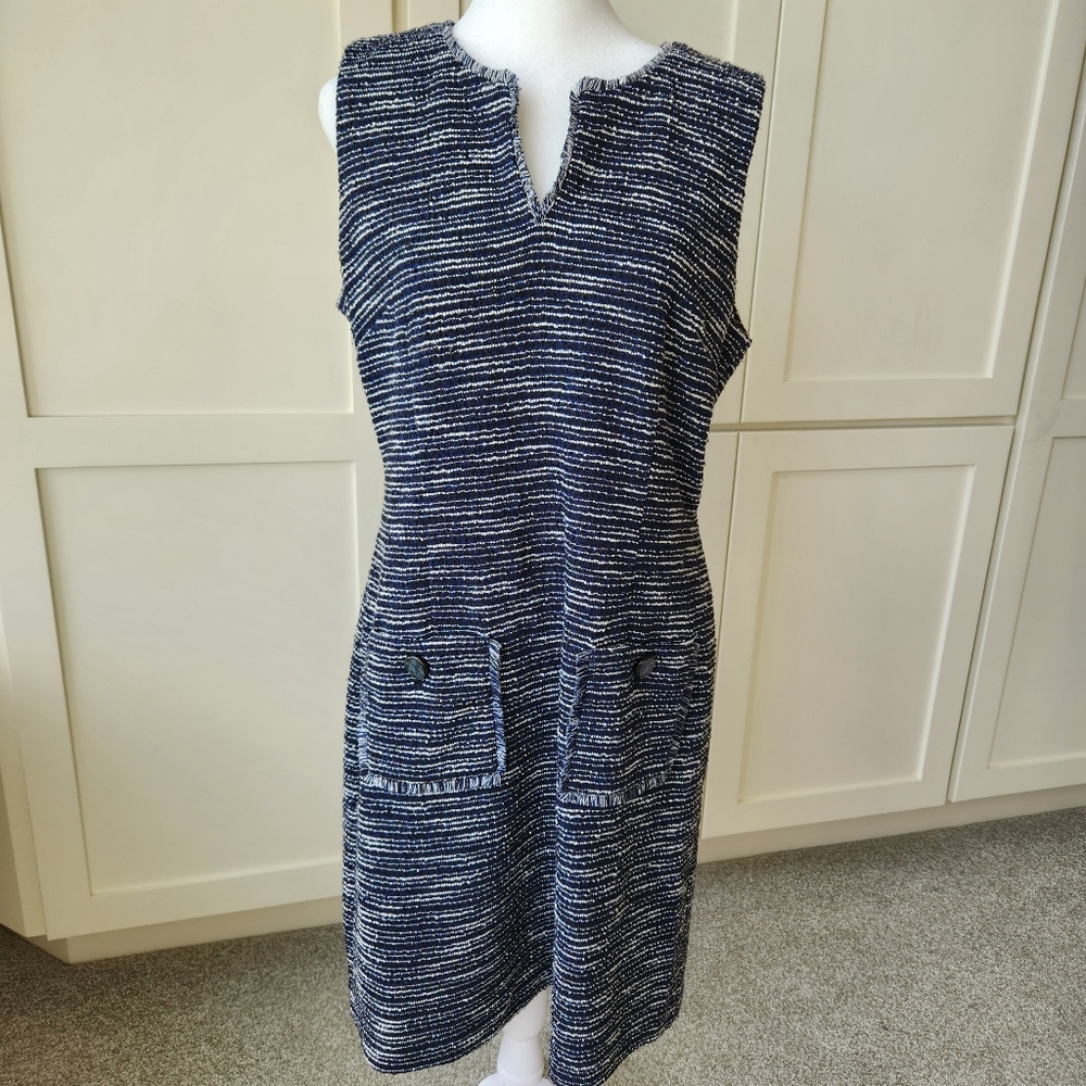 Tweed Fall Sheath Dress Navy Blue White Stripes Sleeveless Fringe Paris Size 10